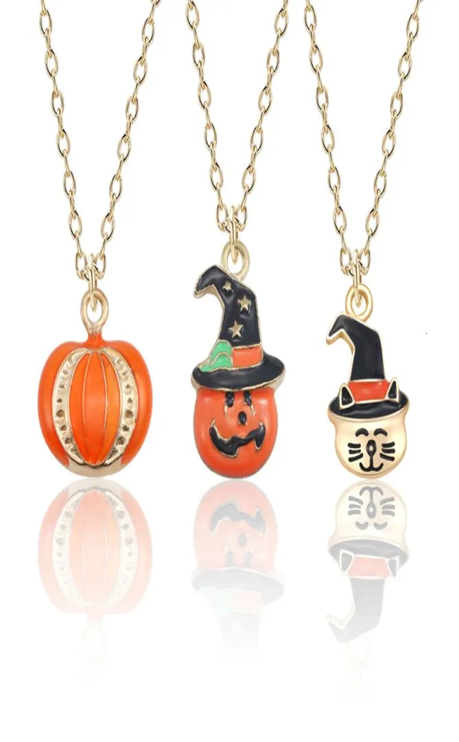 Mooie Cartoon Emaille Metalen Pompoen Hanger Ketting Vrouwen Gothictiny Kat Ster Hoed Pompoen Hoofd Kettingen Halloween Sieraden Gift6391689