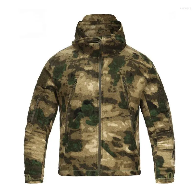 Jaktjackor s-4xl fleece jacka kamouflage varm huva kappa multi-fockets män kvinnor utomhus vandring klättring camping verktyg