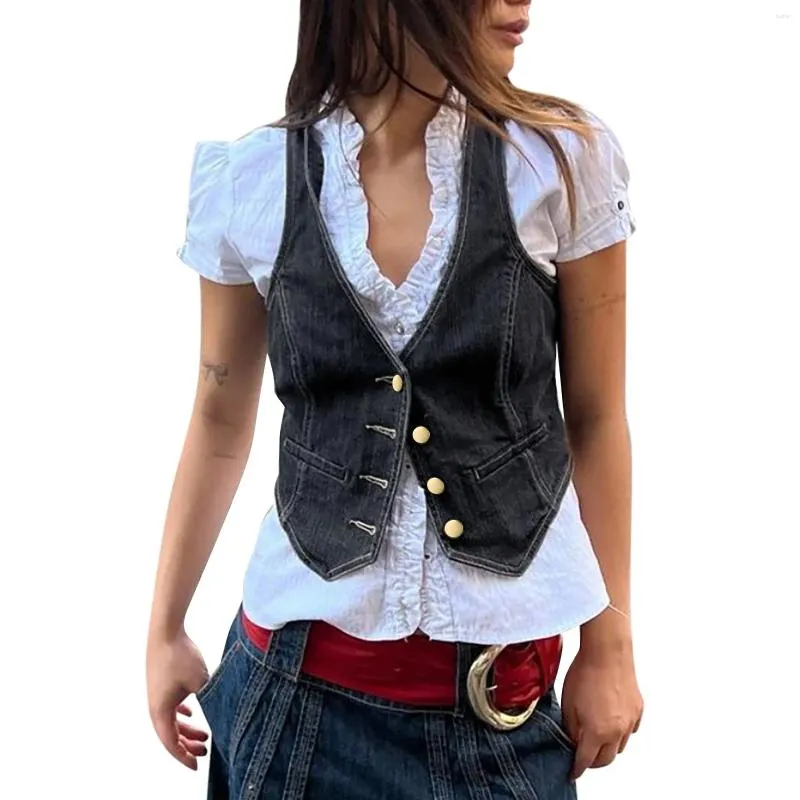 Women's Tanks Vintage Denim Camis Tops Halter Neck Button Up Corsets Slim Fit Ripped Crop Sleeveless Tank Female Basic