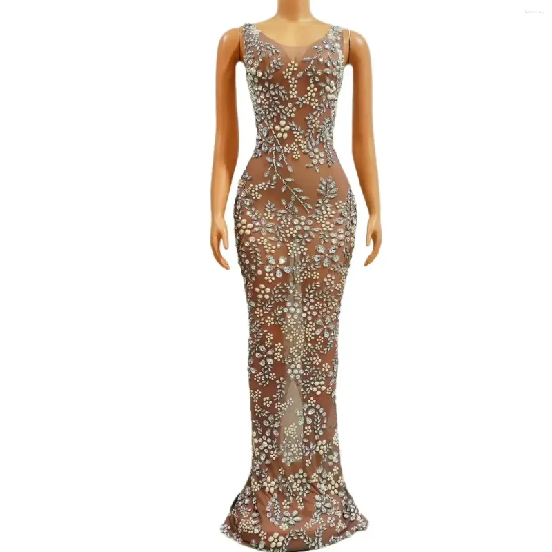 Palco desgaste mulheres sexy sheer ver através de top vestidos de baile luxo sparkly diamante flor vestidos preto menina longo 2024 meihua