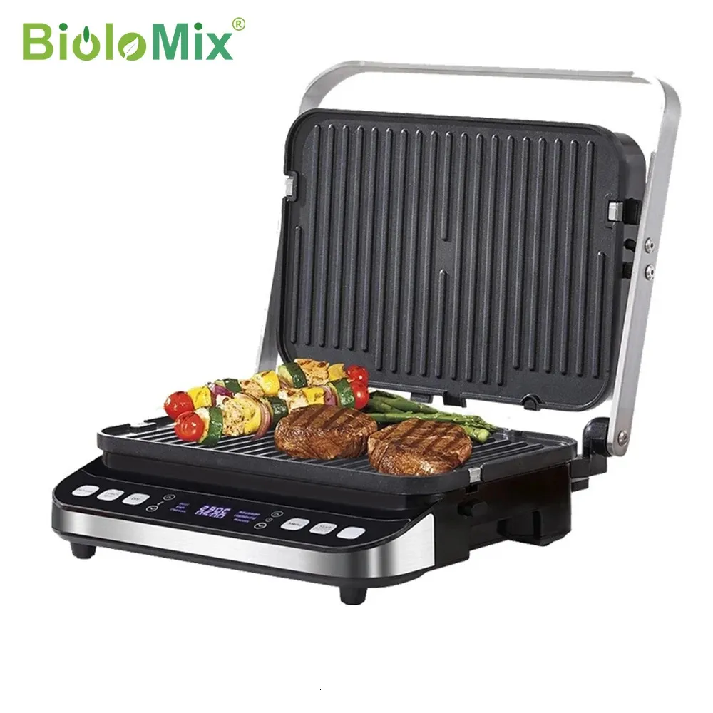 BioloMix 2000 W elektrischer Kontaktgrill, digitale Grillplatte und Panini-Presse, optionale Waffeleisenplatten, öffnet 180-Grad-Grill 240223