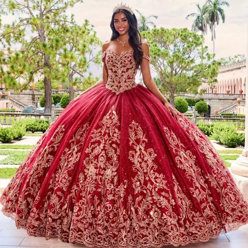 Kırmızı parlak quinceanera 16 kız altın aplike dantel boncuk tull prenses balo elbisesi doğum günü balo elbisesi vestidos 15 de