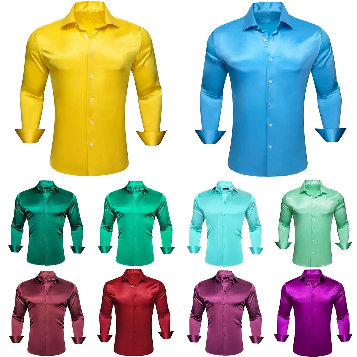 Erkekler İçin Lüks Gömlek İpek Saten Saten Düz Kırmızı Yeşil Sarı Mor İnfir Erkek Bluzlar Yatak Sıradan Tops 240219