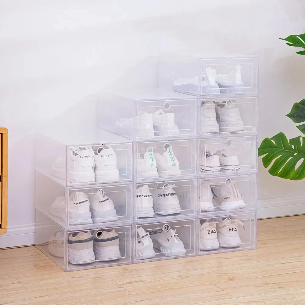 6pcs/set Transparent Plastic Shoes Case Thickened Drawer Case Plastic Shoe Boxes Stackable Box Shoe Organizer Shoebox 240219