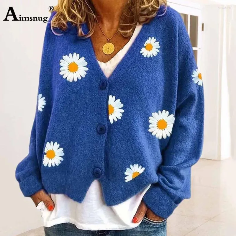 Dames Knits Aimsnug Boho Bloemenprint Truien Lange Mouwen Top Vesten 2024 Herfst Casual Breien Truien Vrouwelijke Trui