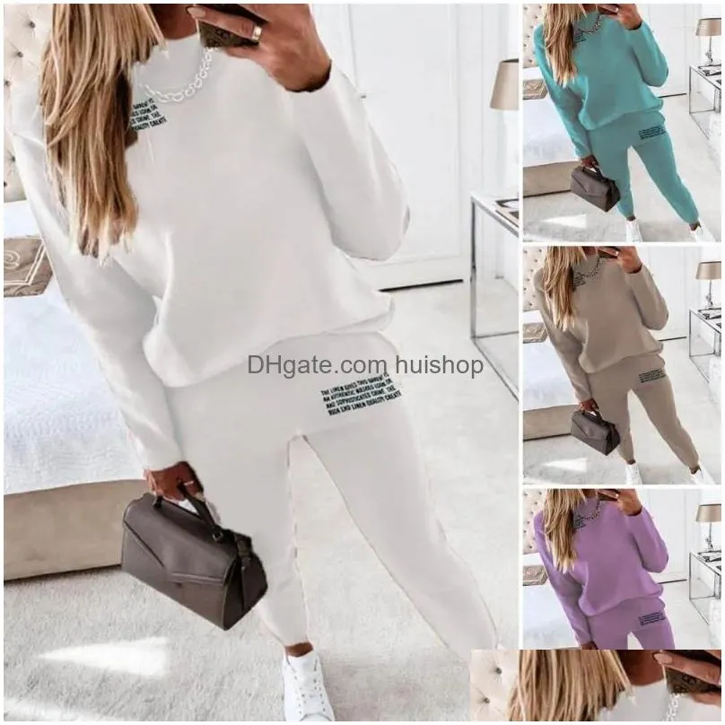 womens two piece pants 2 pcs/set chic sweatshirt sweatpants set pockets soft casual pure color