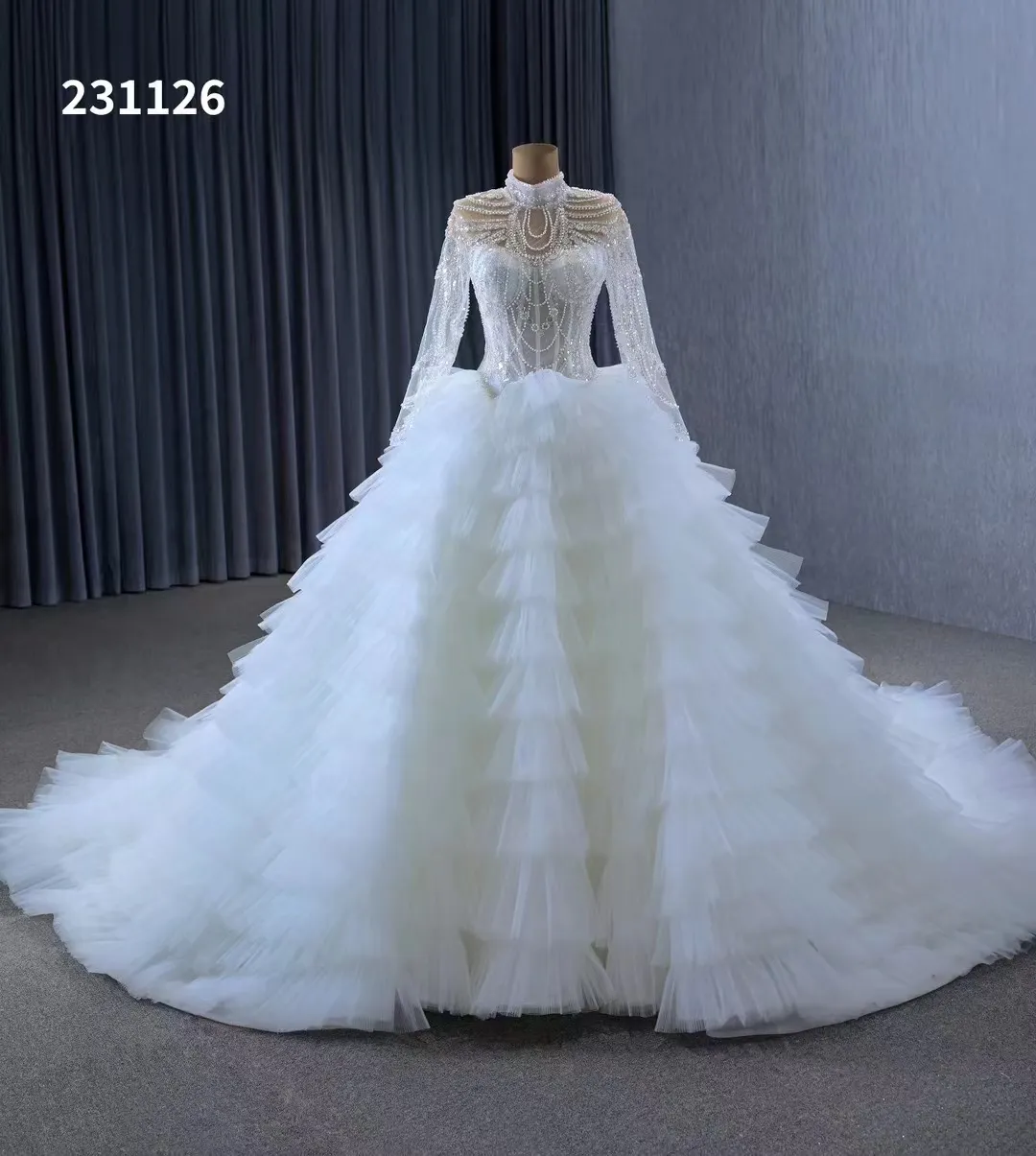 Elegant Bridal Wedding Ball Gown Dresses Long Tail High Neck Shiny SM231126