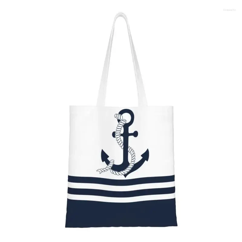 Sacs de courses Kawaii imprimés ancres bleues nautiques avec rayures blanches, fourre-tout à bandoulière, sac à main de marin de voile