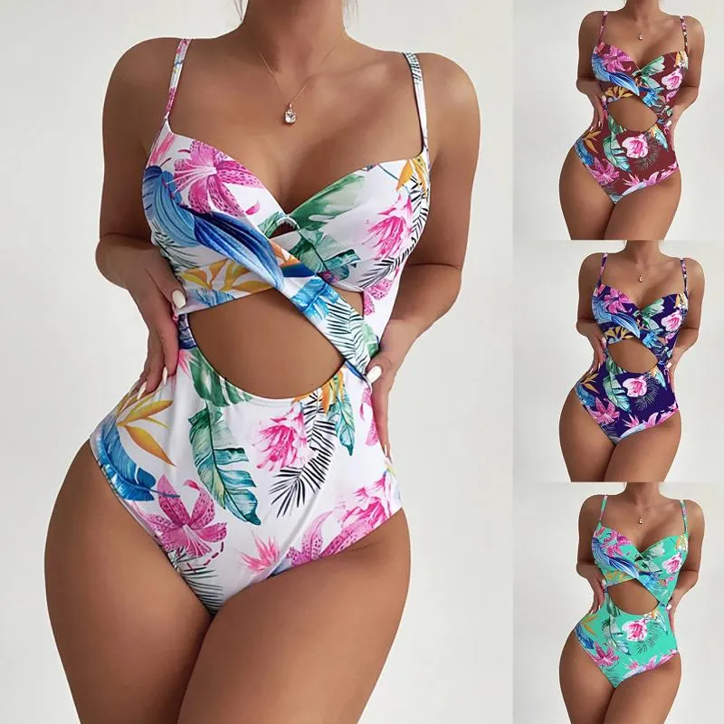 Kvinnors badkläder ihålig push up blommig tryck underwire bantning bikini svart baddräkt låg midja mantel