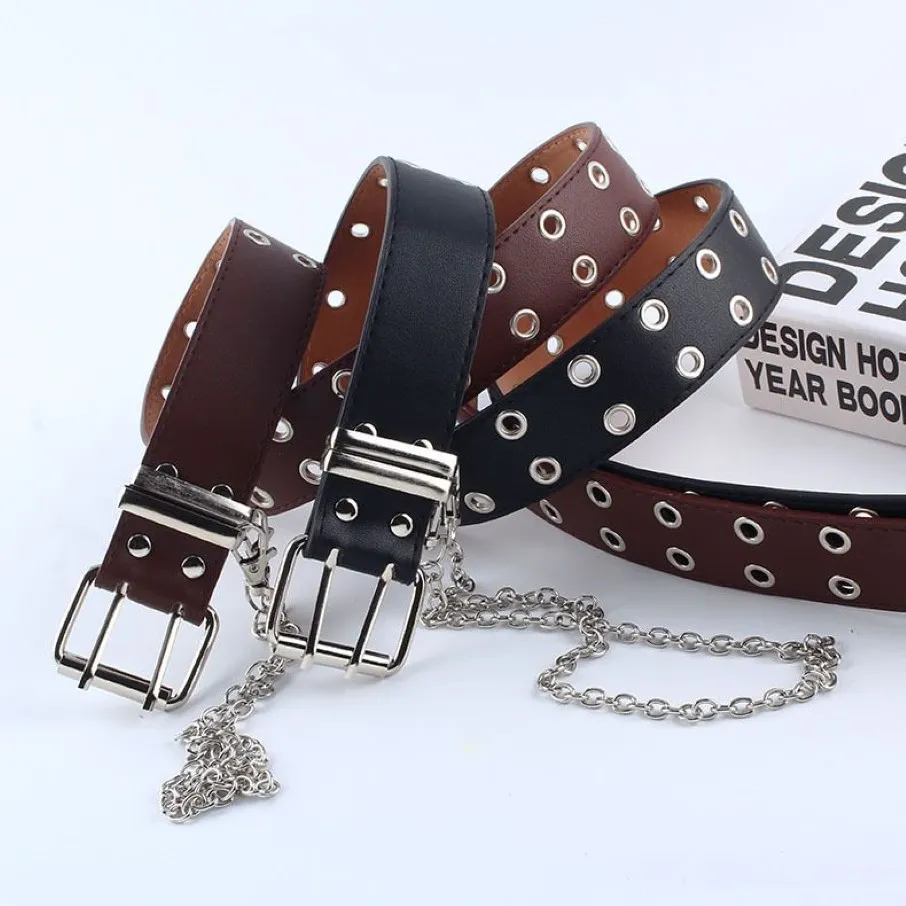 Feminino punk corrente moda cinto ajustável preto duplo único ilhó grommet fivela de couro belt300o