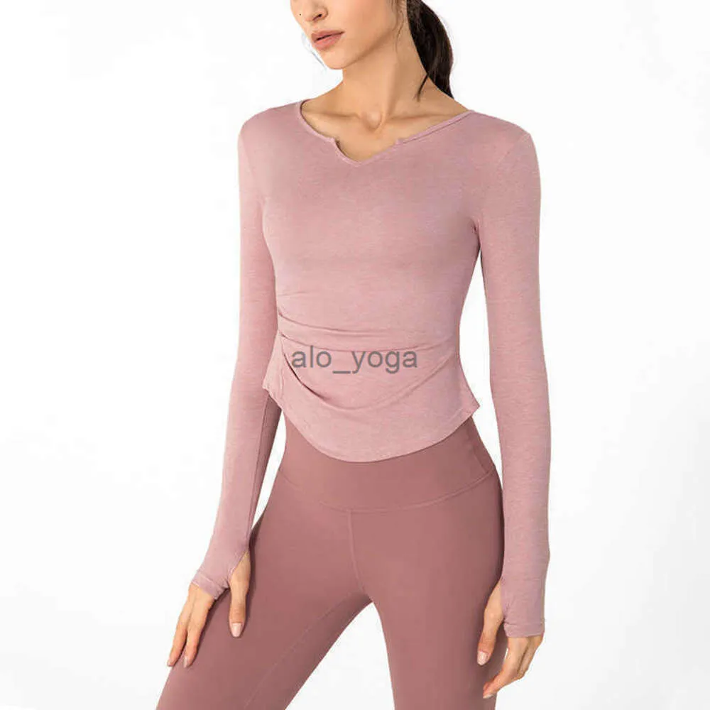 2024SS dames lange lululy citroenly tops yoga lululemenly dames leggings passen V-hals slanke fiess lopende t-shirt sport top blouse workout casual gym kleding