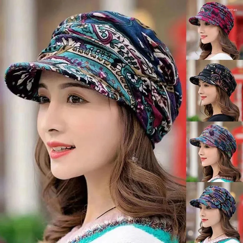 Berets Mulheres Chapéu Meaculpa Beanie Quente Dobrável Earflap Cap Estilo Étnico Floral Impressão Outono Inverno Roupas Diárias Turbante