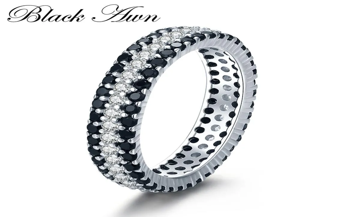 Moderingar Klassiska silverfärgsmycken Bague Round Black Spinel -förlovningsringar för kvinnor Bijoux Femme C4439372922