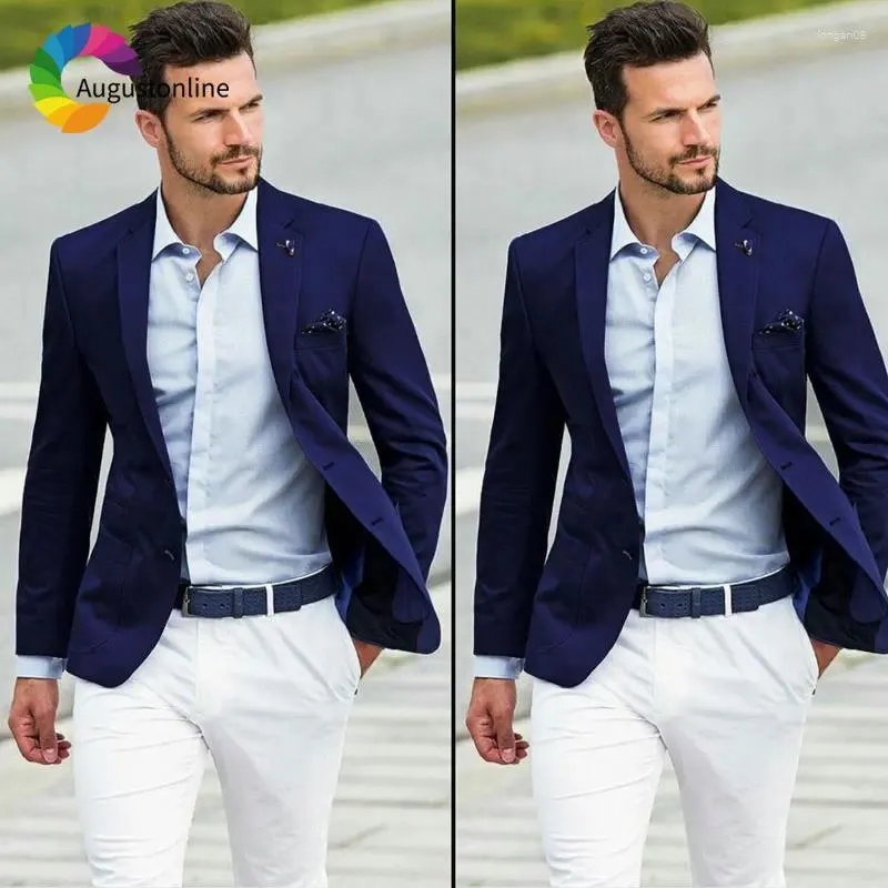 Costumes pour hommes Bleu marine Hommes Classique sur mesure Pantalon blanc Slim Fit Homme Blazers pour affaires Casual Groomsmen Costume Terno Masculino