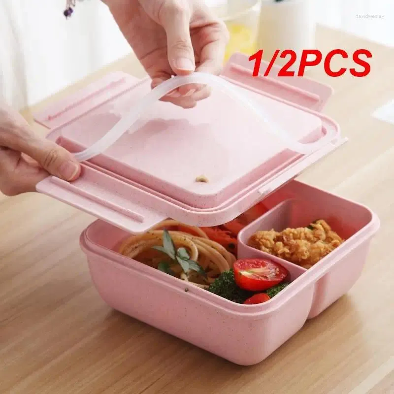 Zabudowa stołowa 1/2pcs Kawaii Lunch Box dla dzieci dla dzieci dorosłych biura pszenica słoma słodka mikrofalowa piknik przenośny bento z łyżką