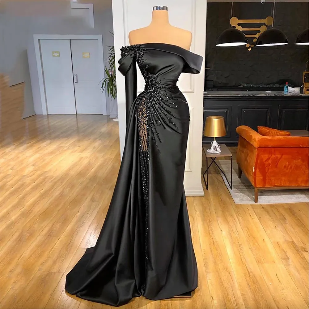 Off-Shoulder Lily Black Pageant Party klänning Pärlor Evening Formal Mermaid Sexy Prom Dress Custom Abiti Da Cerimonia