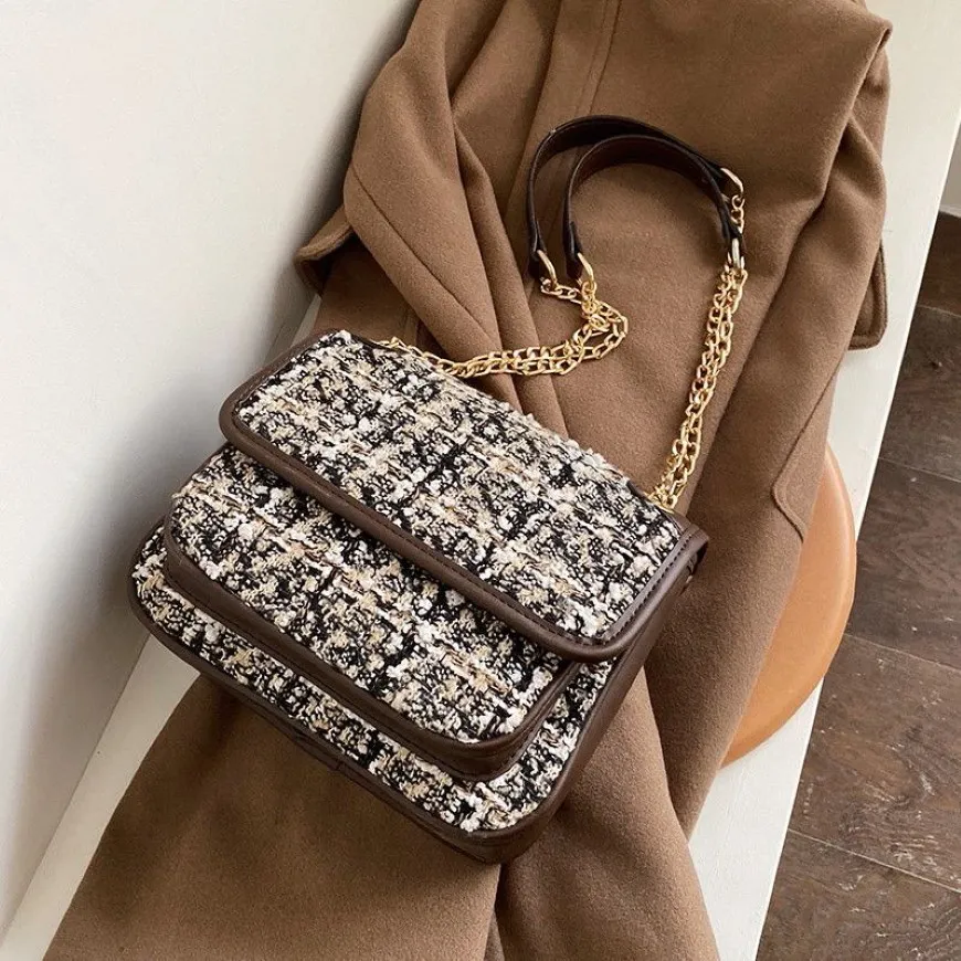 Hbp bolsa de bagagem de viagem bolsa de ombro embreagem moda retalhos cor tweed crochê xadrez feminina corrente duffle purse253k