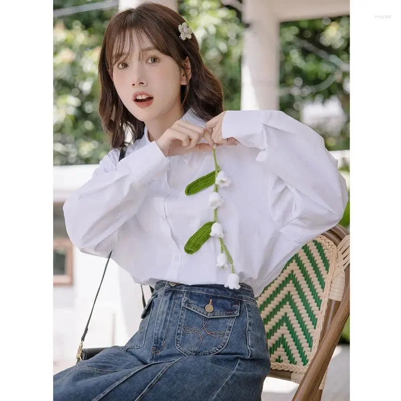 Blusas femininas doce gola virada para baixo camisas de botão moda coreana plissado flor manga longa blusa mulher outwear topos h23