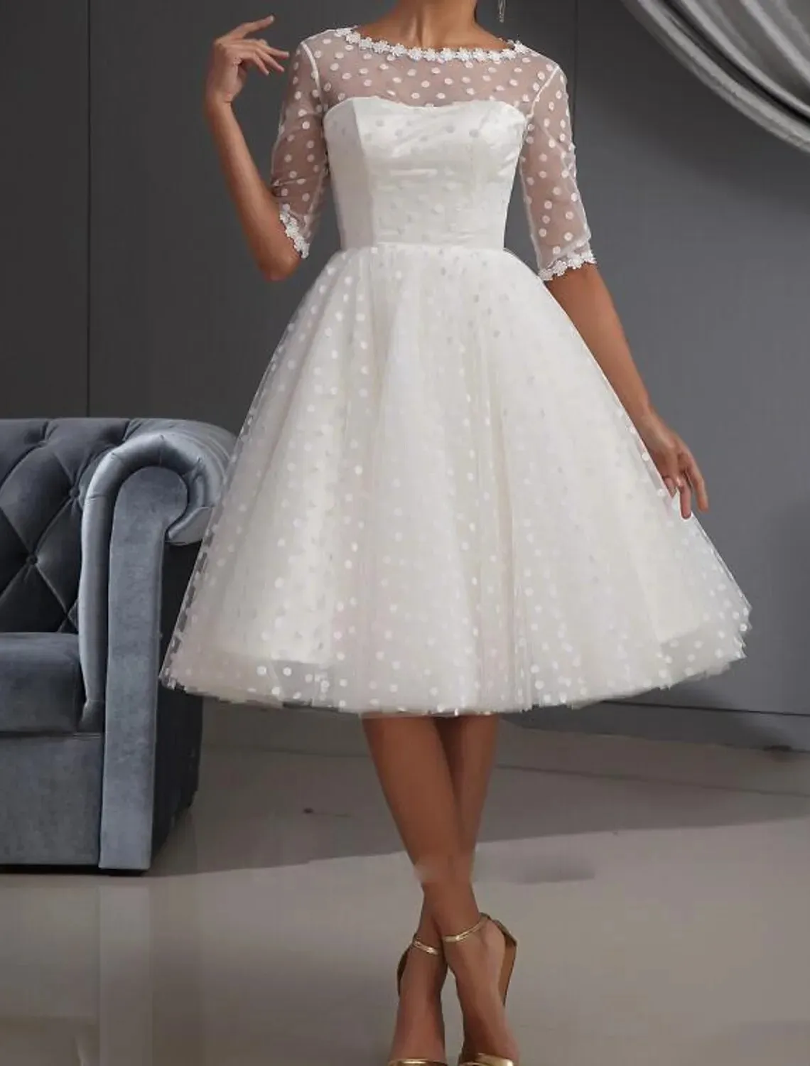 Elegant White Short Wedding Dresses: Jewel Neck Knee Length Lace & Dot ...