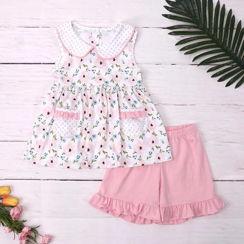 Kläderuppsättningar 2024 Baby Girls Princess Suit Girl Clothes Set Floral Bodysuit Sweet Spots Pink Pocket Outfits 1-8T T-Shirts Toddler Shorts