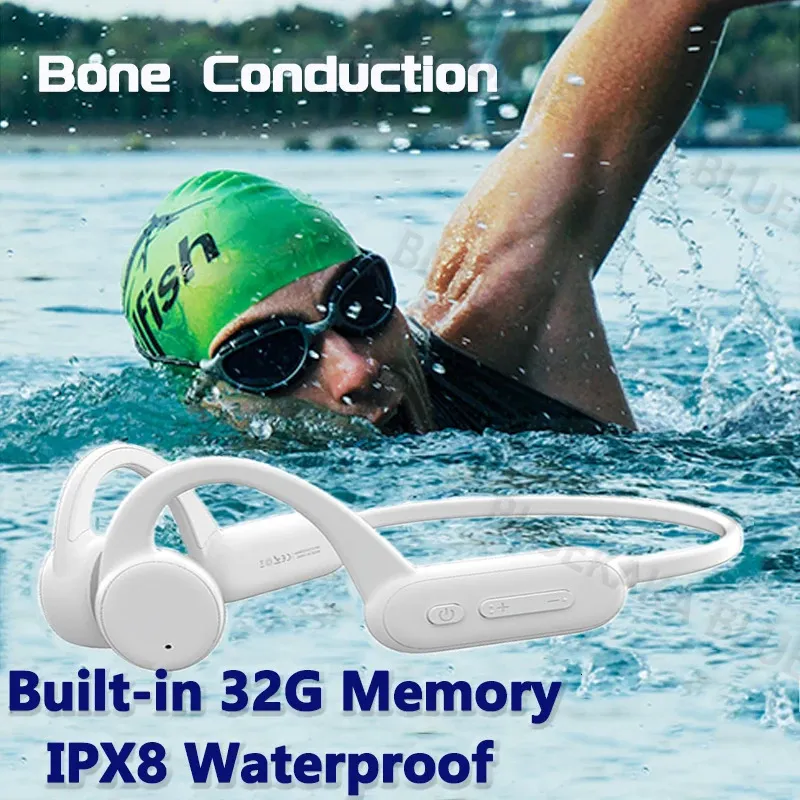 Real Bone Conduction Headphones Swimming IPX8 Waterproof 32GB MP3 Player Wireless Bluetooth 5.2 Earphones for Sport HiFi Headset 240221