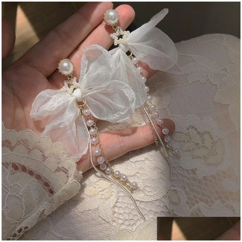 Orecchini a bottone con farfallino bianco angelo Orecchini con perla lunga con nappa Ciondolo orecchio Donna Design vintage Stile coreano Lusso Semplice Fascino Regalo Accessori Othrn