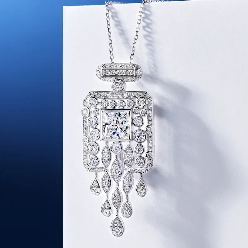 Bouteille de parfum pleine de diamants, collier à pompon à deux vêtements, 4 ct, peut être utilisé comme broche, collier en argent sterling 925 de qualité supérieure