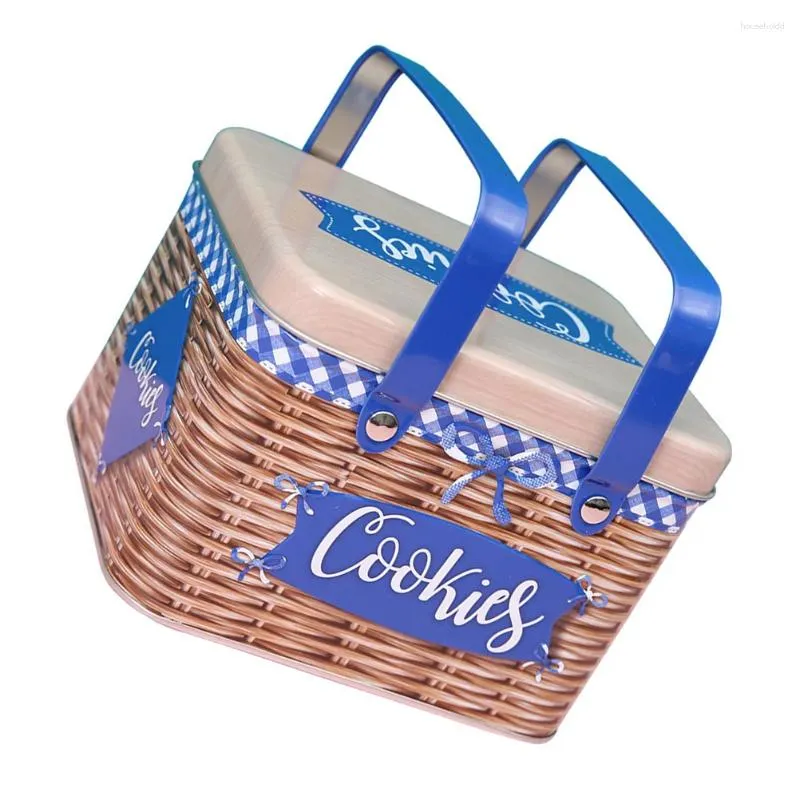 Lagerung Flaschen Geschenke Keks Box Handheld Metall Keksdose Nachahmung Rattan Candy Griff Design Rechteck