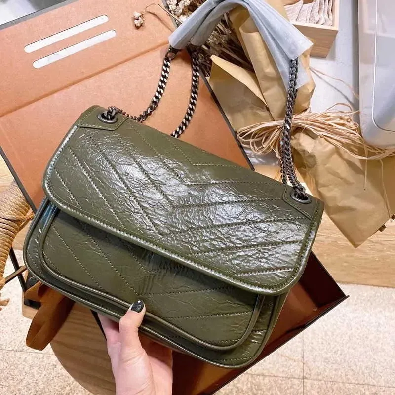 Avond Niki-tassen Echte leren tas Koeienhuid groen Schoudertas Crossbody Tassen Kettingflap Portemonnee SUNSET Designer Tote Dames Messenger Boodschappentas Clutch Portefeuilles