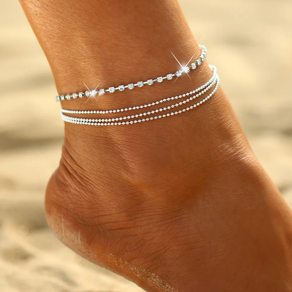 Bracelets de cheville en or plaqué or 14 carats pour femmes, bijoux de plage d'été, superposition de strass, zircone cubique, perles, 2225