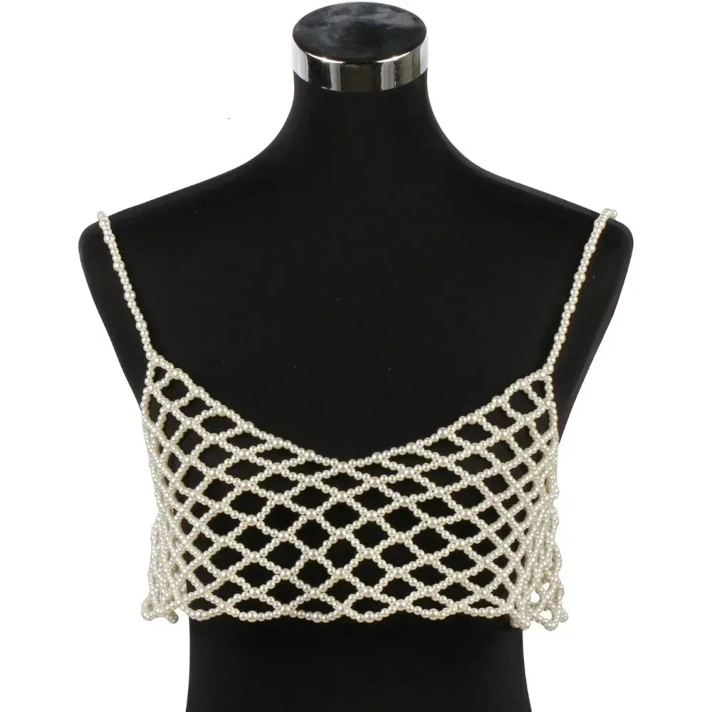 Pearl Body Chain Necklace for Women Beaded Mesh Top Costome Jewelry Chunky Bead White Faux Pearls Cover Up Bra Accessories 240223