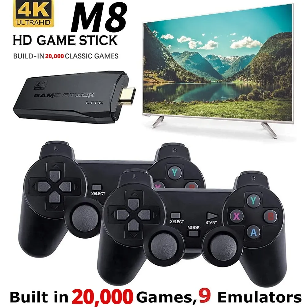 لوحات المفاتيح 4K فيديو عصا اللاسلكية M8 Controller Gamepad Buildin 20000+ Games 64g Retro Game Game Player HD TV Game For Kid