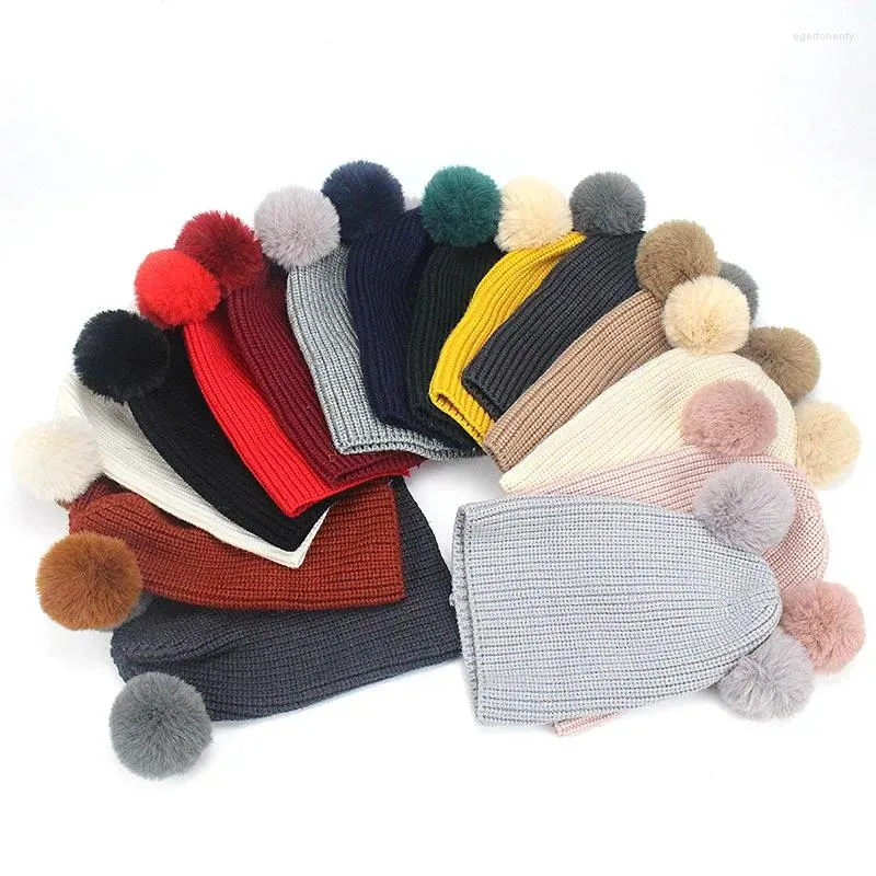 Berretti berretti per bambini cappelli per bambini con cappuccio a maglia a maglia calda inverno autunno pompon pelliccia tassini casual color boy boy ha cappello con due palle