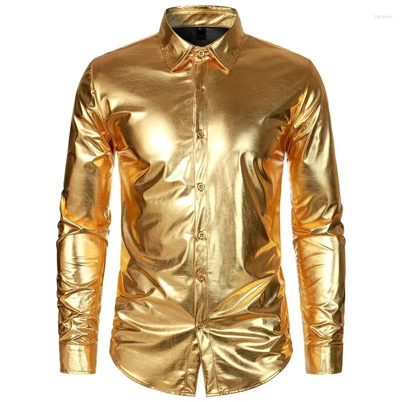 Koszulka męskiej sukienki Długie rękawowe klub nocny dla mężczyzn Button Up Gold Shinny Stage Costume Homme 2024 Hip Hop Outfits