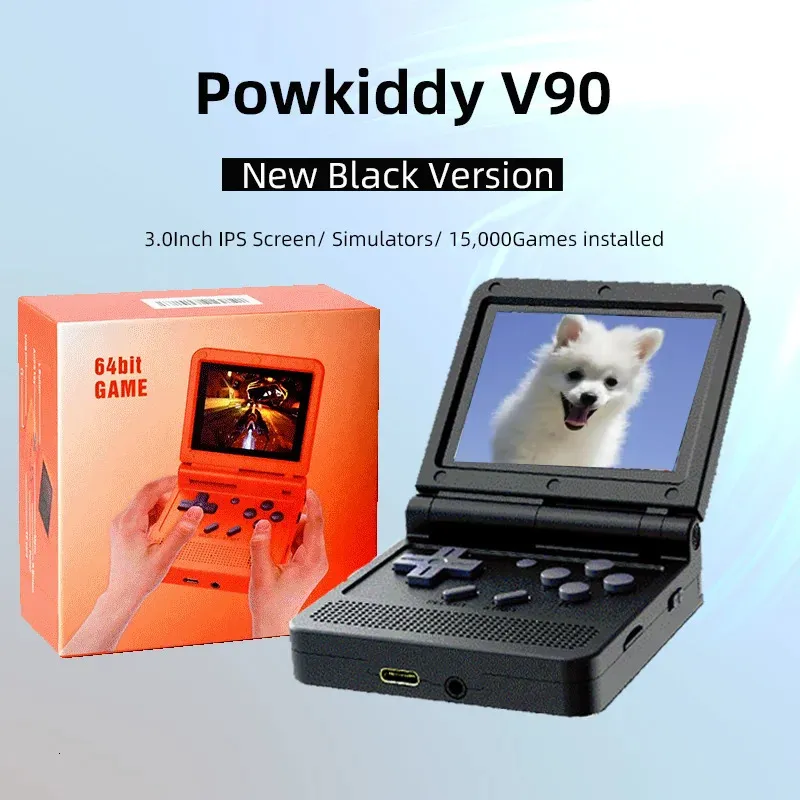 Powkiddy V90 Preto 3.0 polegadas IPS Tela Retro Video Game Console Open Source 64G 15000Games Handheld Game Players Mini Consoles 240221