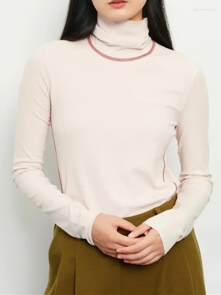Women's T Shirts Knit T-Shirt For Ladies 2024 Turtleneck Ribbed Stitching Contrasting Color Stretch Slim Casual Long Sleeve Tee