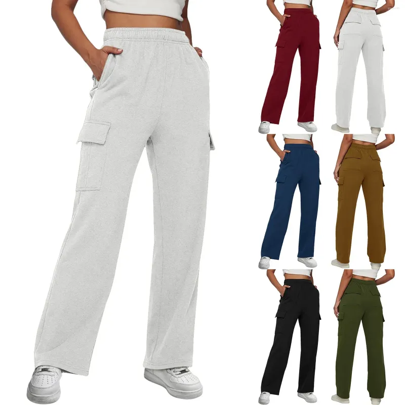 Women's Pants Y2k Women Cargo Stright Leg Trousers Daily Outdoor Elastic Waist Side Pockets Casual Workout 2024