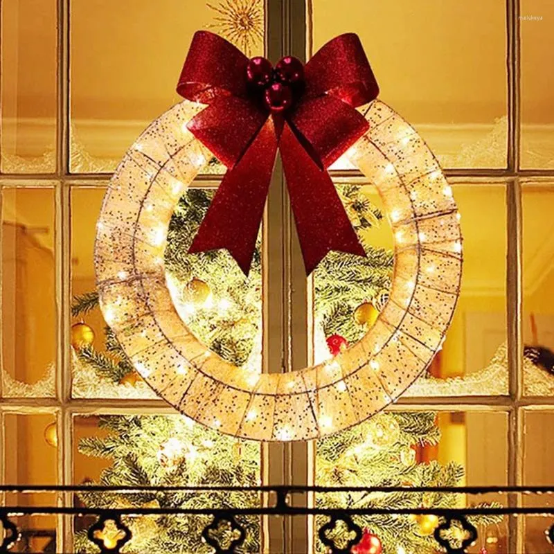 Couronne de fleurs décoratives pour arbre de noël, nœud rouge avec lumière LED, guirlande suspendue pour porte d'entrée, artificielle pour la décoration de la maison