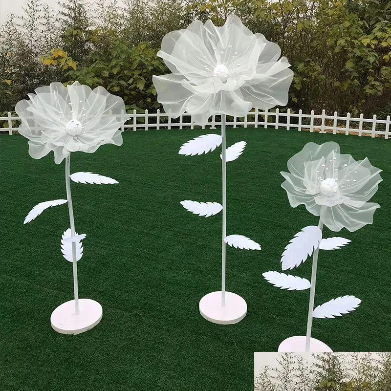 Dekoracyjne kwiaty wieńce organza ręcznie robione jedwabny big kwiat ślubny przewodnik chrysantemum DIY Dekoracja okna 50 cm/60cm70 DHC9Q