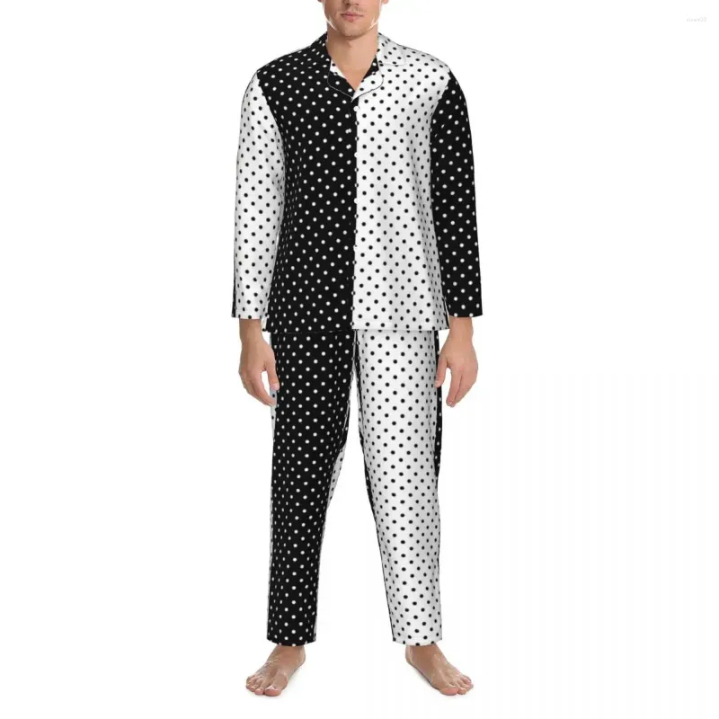 Herren-Nachtwäsche, schwarz-weiß, zweifarbig, Pyjama-Sets, Retro-Polka-Punkt, romantischer Mann, langärmelig, lässig, locker, täglich, 2-teilige Nachtwäsche