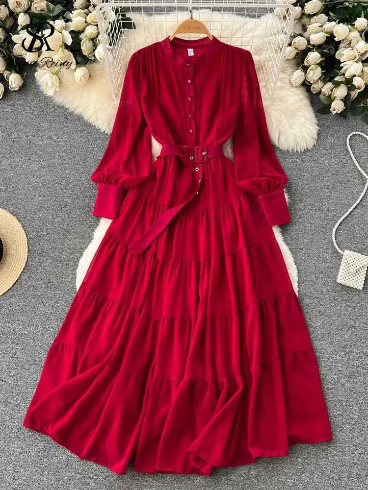 Grundläggande avslappnade klänningar Singreiny Autumn Vintage Beach Pleated Dress Womens Lantern Sleeves French Single Chest 2022 Fashion Chiffon A-Line Long Dress J240224