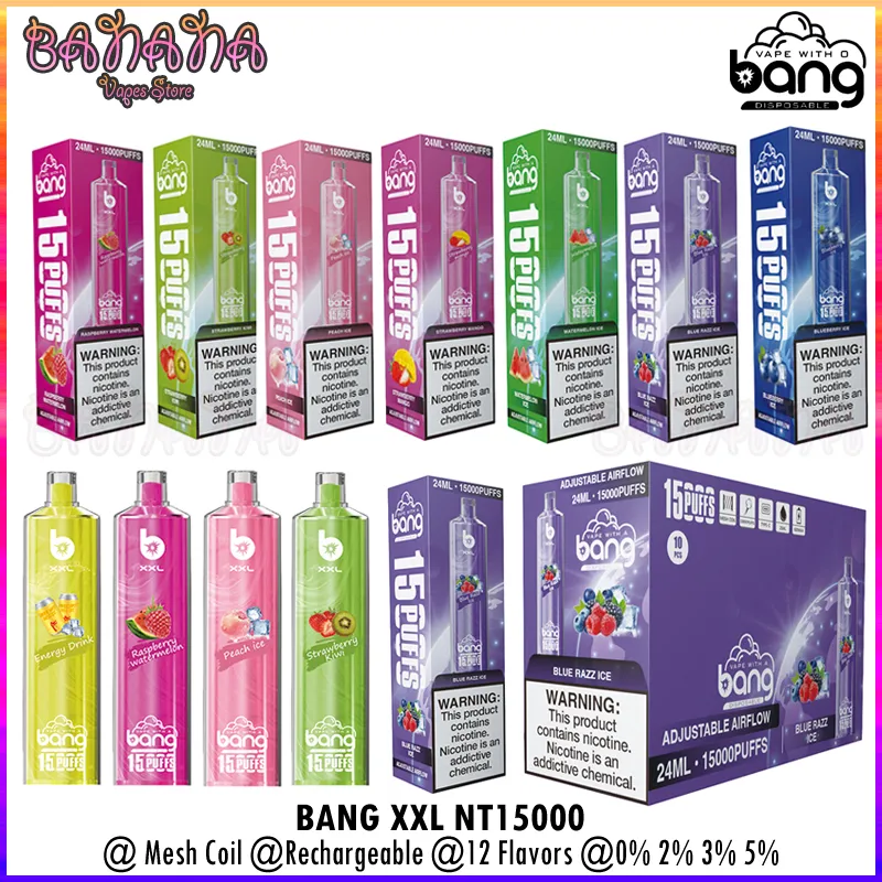 Original Bang XXL NT15000 Puff 15K Disposable E-cigarettes Bang Vapes 15000 Puffs Mesh Coil Rechargeable Bar Adjustable Airflow vs Shisha Hookah Vaper