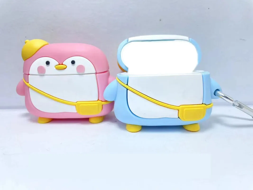 Étuis pour écouteurs 3D Penguin pour Airpods Pro2 3gen 3 Airpod Pro 2 Oreille Mode Mignon Belle Silicone Souple Air Pods 1 2gen Protecteur Housse Antichoc Avec Mousqueton Porte-clés