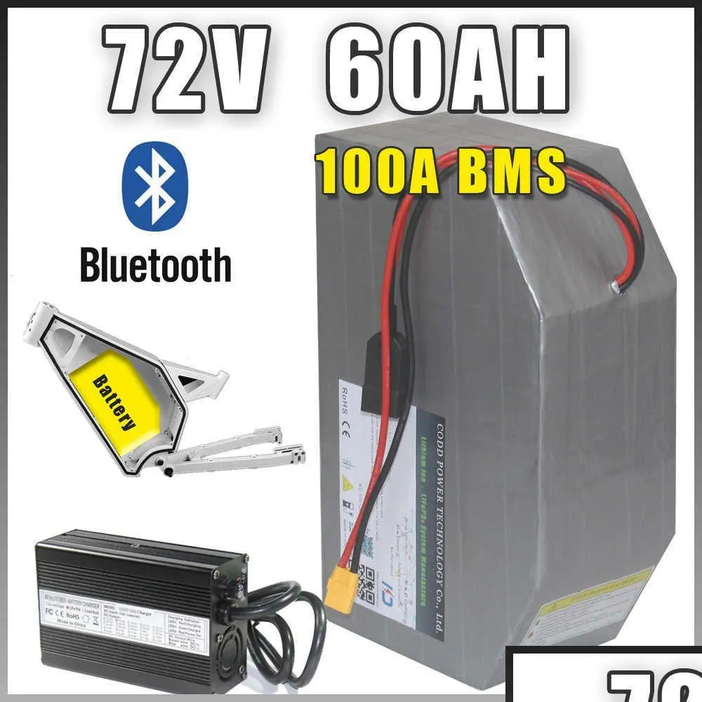 Batterier 72V 60AH BOMBER Electric Bike Frame Polygon Batteripaket med 100A/200A Bluetooth BMS 5A Charger Drop Delivery Electronics B Dhux5
