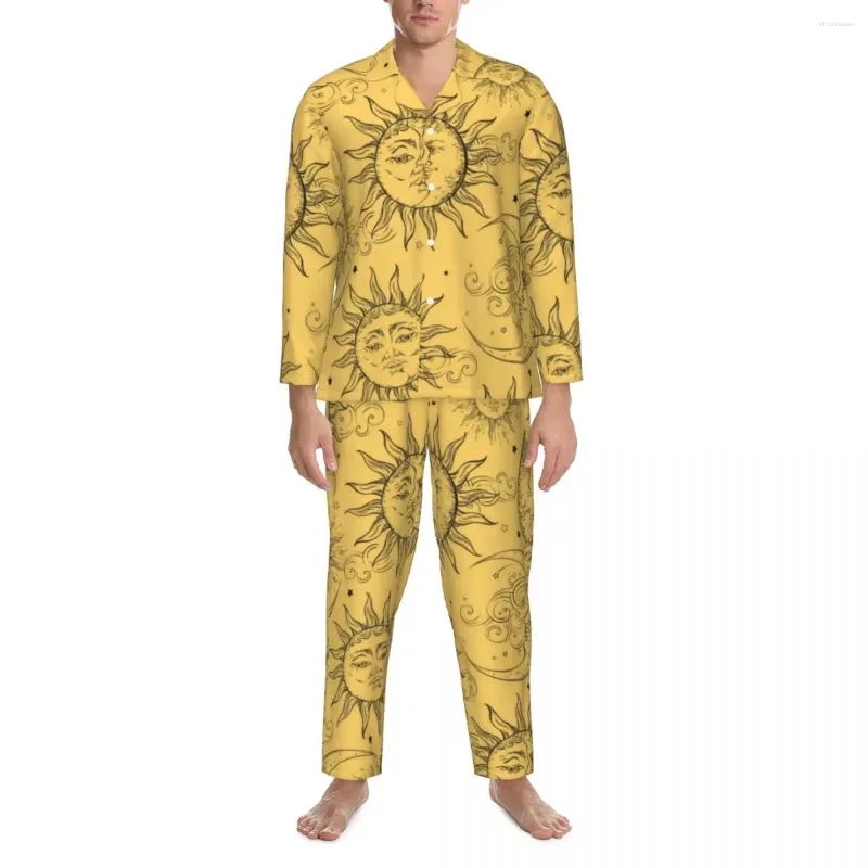 Men's Sleepwear Pajamas Men Vintage Celestial Sun Home Yellow Magic Moon Stars 2 Piece Casual Loose Pajama Set Oversized Suit