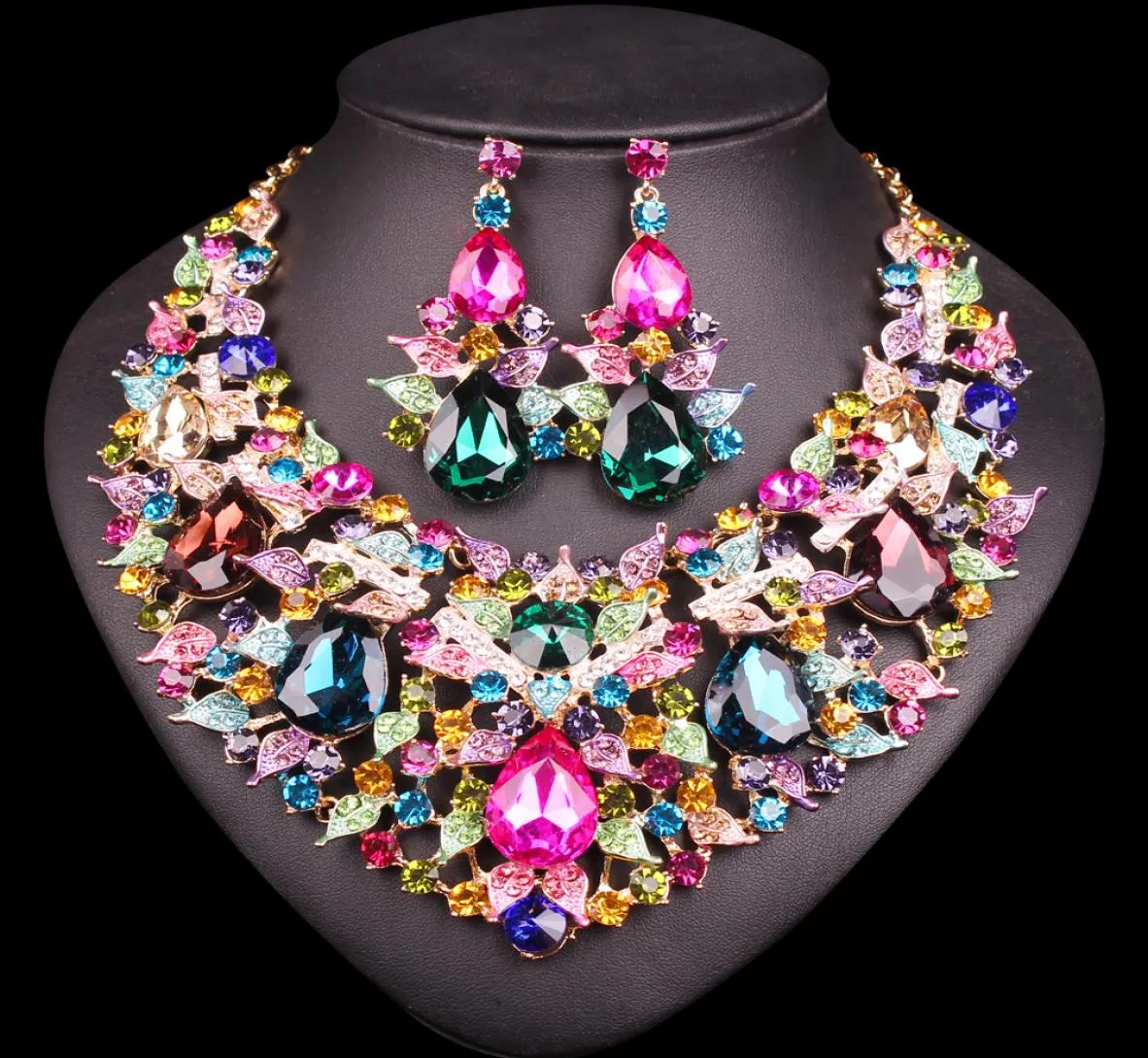 whole Beautiful Leaf Jewellery Bridal Jewelry Sets Rhinestone Party Wedding Prom Costume Accessories Necklace Earring Set Wome6047439