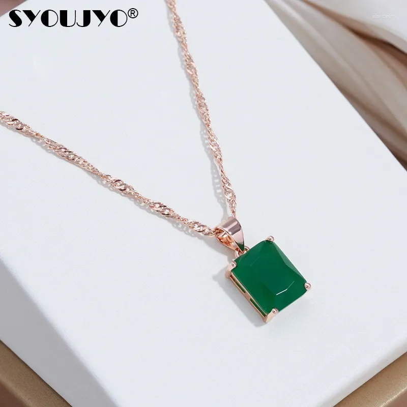 Pendant Necklaces Dark Green Square Natural Zircon For Women SYOUJYO 585 Rose Gold Color Simple Easy Matching Daily Jewelry