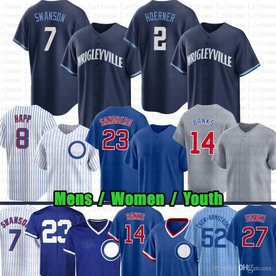 Dansby Swanson Baseball Jersey Cody Bellinger Marcus Stroman Ernie Banks Seiya Suzuki Brad Boxberger Ian Happ Nico Hoerner Ryne Sandberg Pete Crow-Armstrong