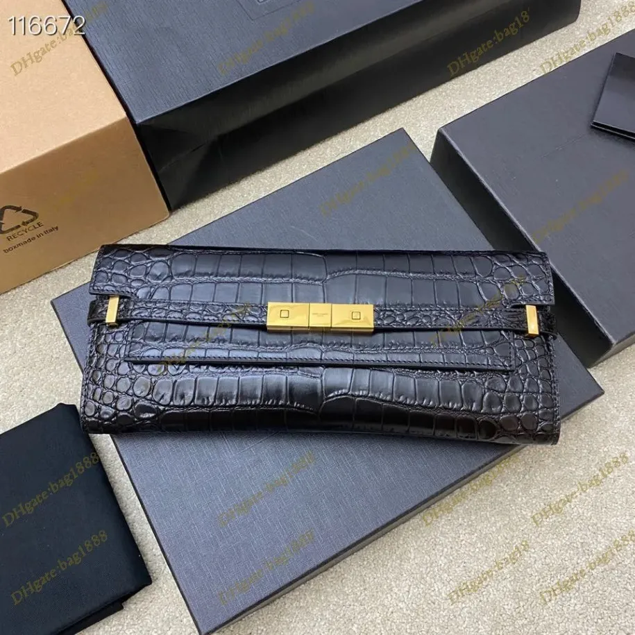 Topp ny kvinna Manhattan handväska modedesigner väska svart tandpetare mönster krokodilmönster klipp väska retro cross spänne flip b2186