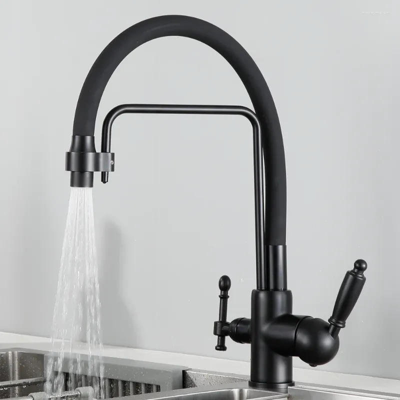 Kitchen Faucets MYNAH Purified Faucet 360 Degree Dual Holes Spout Black White Grey Brown Chrome And Cold Water Sink Mixer Taps